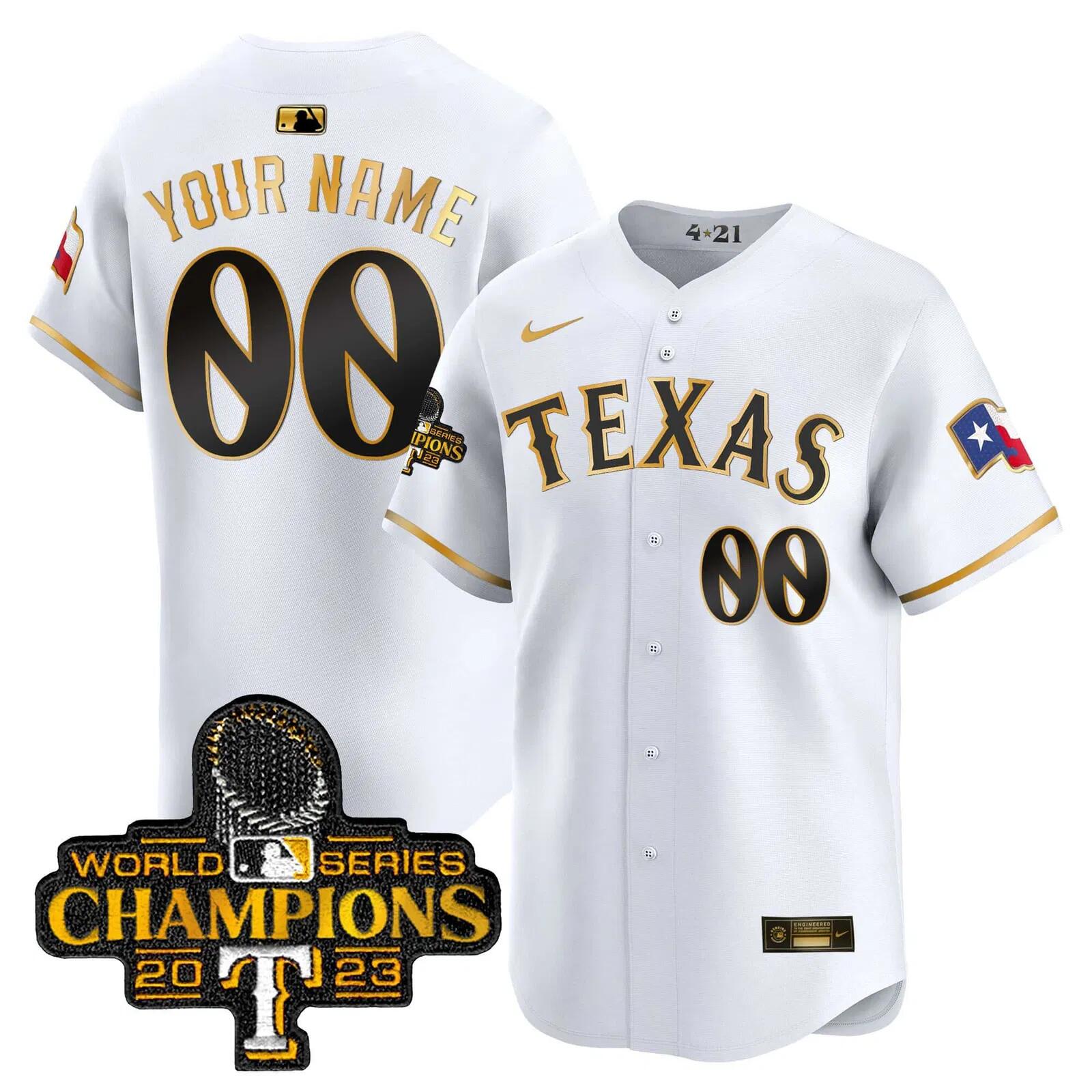 Men's Texas Rangers Active Player Custom White Gold 2023 World Series Champions Stitched Baseball Jersey Men's Texas Rangers Active Player Custom White Gold 2023 World Series Champions Stitched Baseball Jersey